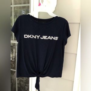 DKNY jeans top Shirt Womens XS Navy Blue tie Short Sleeve EUC XSmall